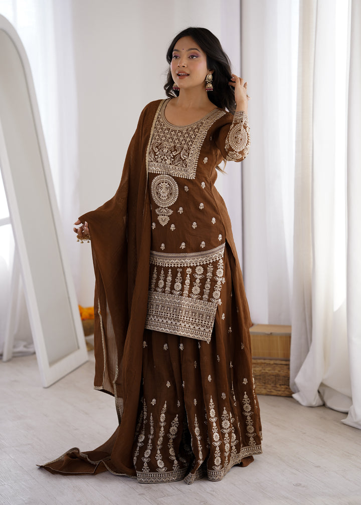 PURE SOFT CRUNCHY SILK FABRIC TOP,SHARARA WITH DUPATTA SET READY TO WEAR