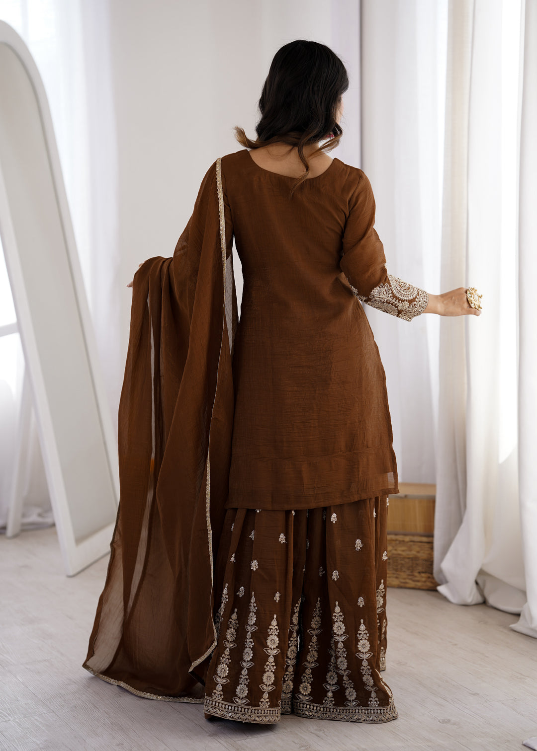 PURE SOFT CRUNCHY SILK FABRIC TOP,SHARARA WITH DUPATTA SET READY TO WEAR
