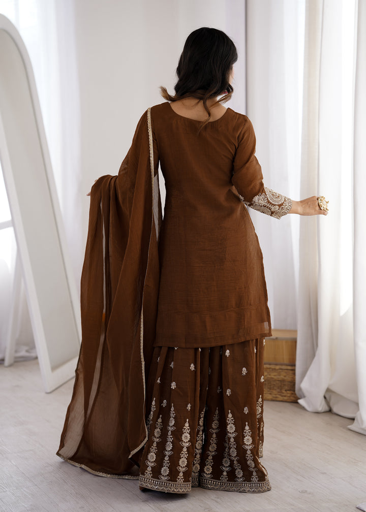 PURE SOFT CRUNCHY SILK FABRIC TOP,SHARARA WITH DUPATTA SET READY TO WEAR