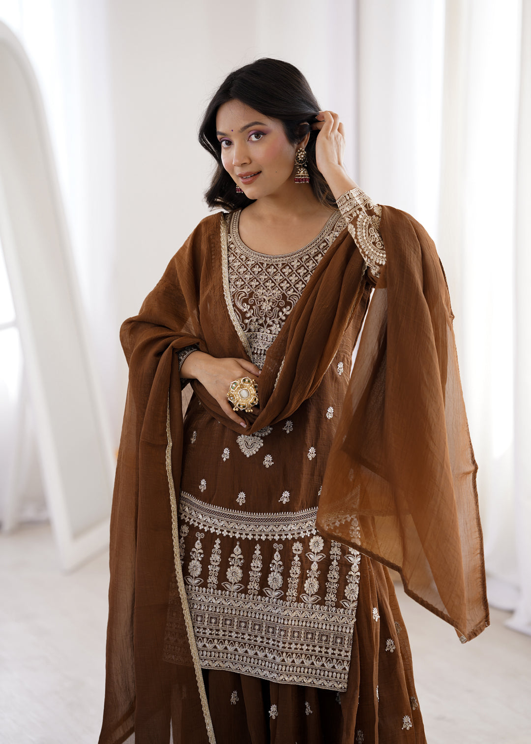 PURE SOFT CRUNCHY SILK FABRIC TOP,SHARARA WITH DUPATTA SET READY TO WEAR
