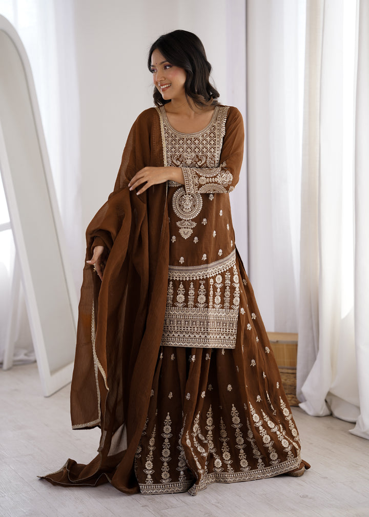PURE SOFT CRUNCHY SILK FABRIC TOP,SHARARA WITH DUPATTA SET READY TO WEAR