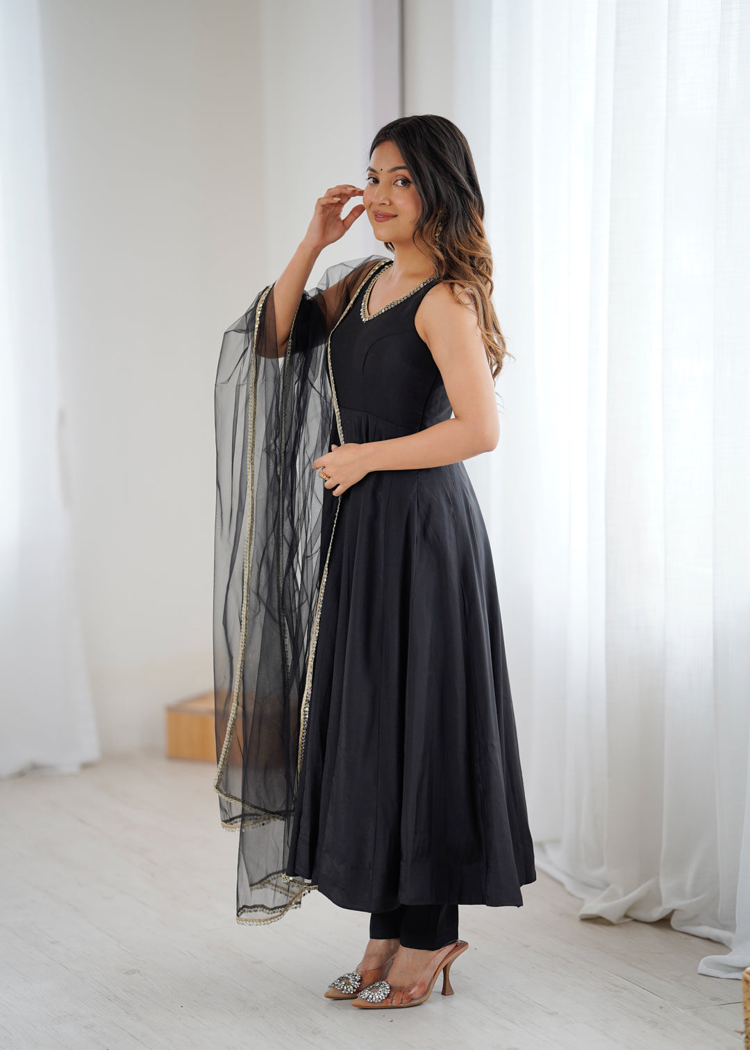 PURE ROMANSILK CHANDERI FABRIC FULLY FLAIR ANARKALI,WITH DUPPTA SET,PENT READY TO WEAR