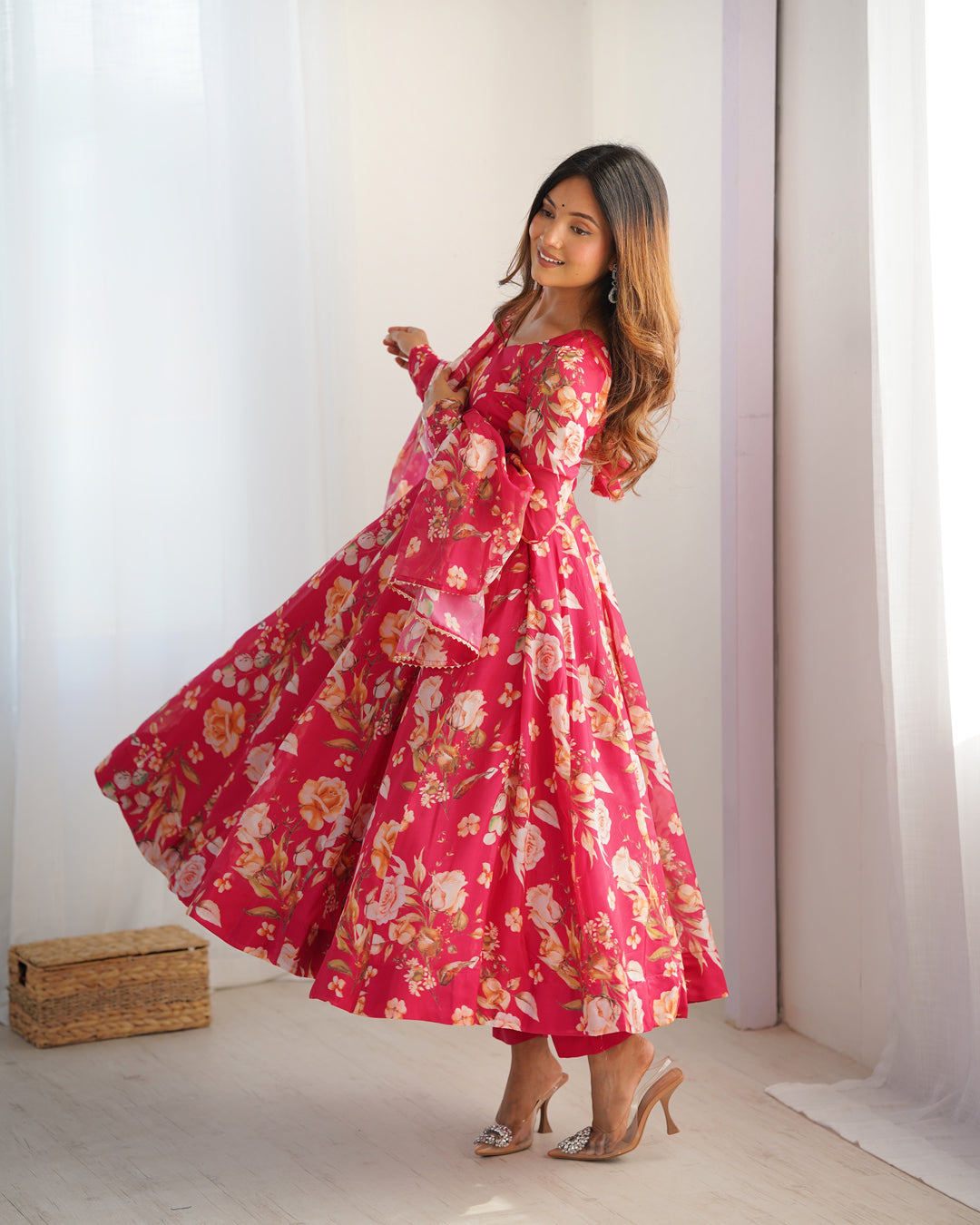 PURE SOFT ORGANJA SILK FABRIC FULLY FLAIR KALI PATTERN AND CANVAS PATTA WITH DUPATTA SET, PENT READY TO WEAR