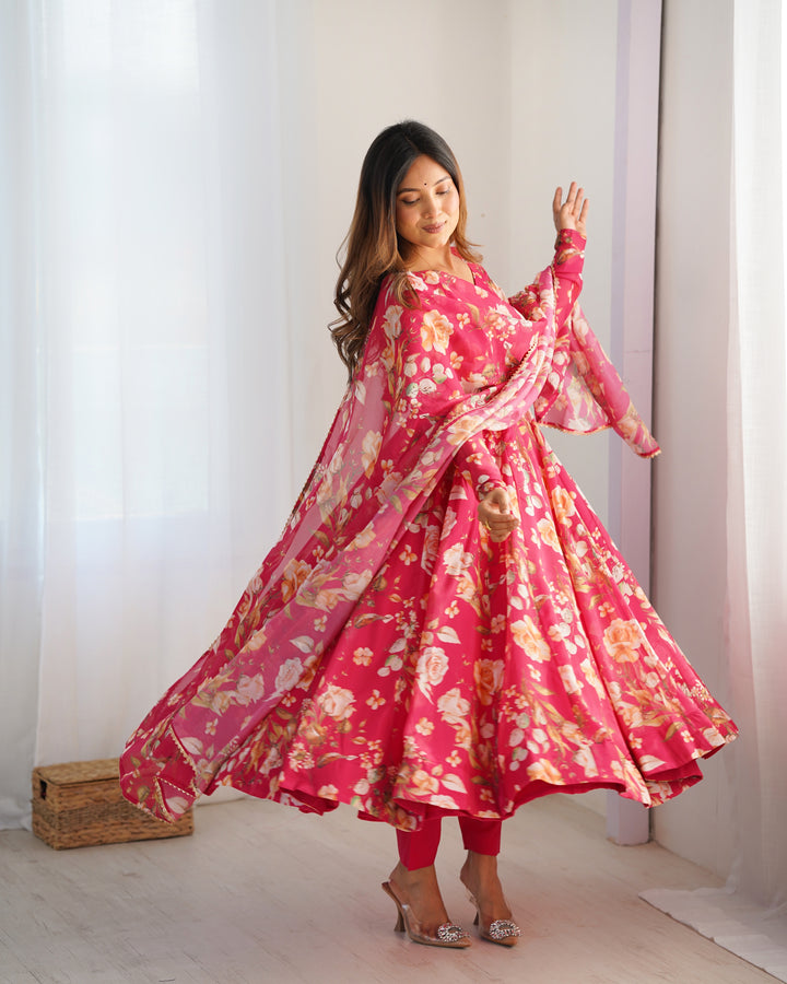 PURE SOFT ORGANJA SILK FABRIC FULLY FLAIR KALI PATTERN AND CANVAS PATTA WITH DUPATTA SET, PENT READY TO WEAR