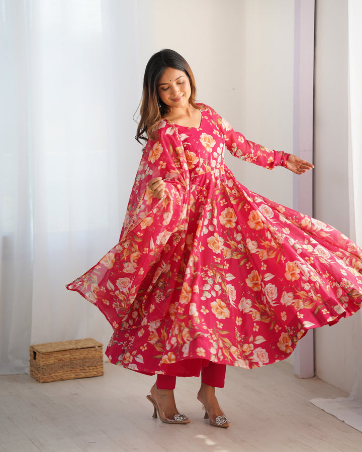 PURE SOFT ORGANJA SILK FABRIC FULLY FLAIR KALI PATTERN AND CANVAS PATTA WITH DUPATTA SET, PENT READY TO WEAR