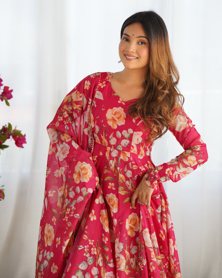 PURE SOFT ORGANJA SILK FABRIC FULLY FLAIR KALI PATTERN AND CANVAS PATTA WITH DUPATTA SET, PENT READY TO WEAR