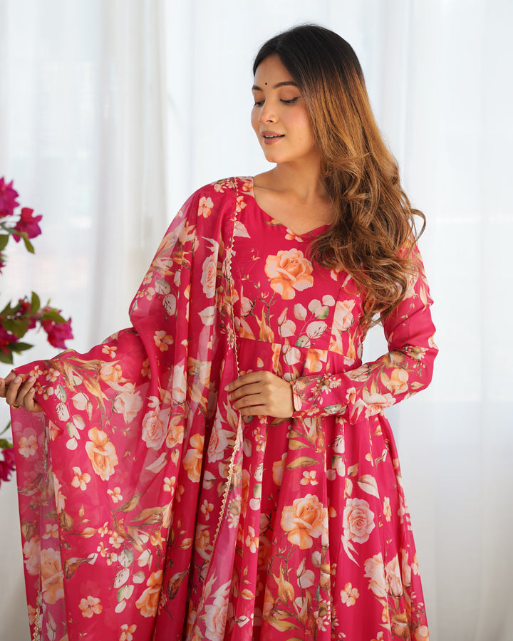 PURE SOFT ORGANJA SILK FABRIC FULLY FLAIR KALI PATTERN AND CANVAS PATTA WITH DUPATTA SET, PENT READY TO WEAR