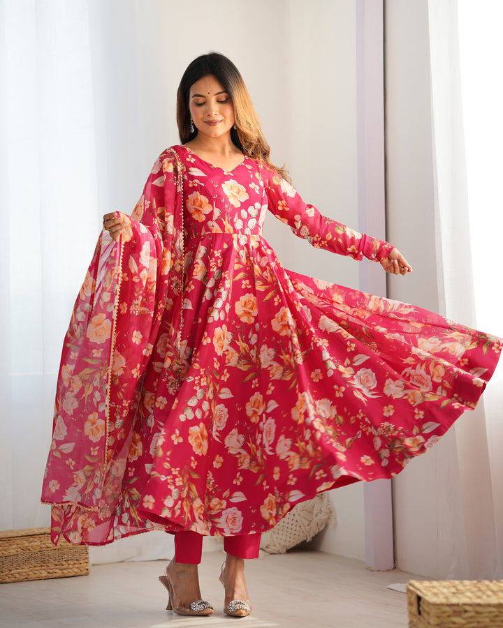 PURE SOFT ORGANJA SILK FABRIC FULLY FLAIR KALI PATTERN AND CANVAS PATTA WITH DUPATTA SET, PENT READY TO WEAR