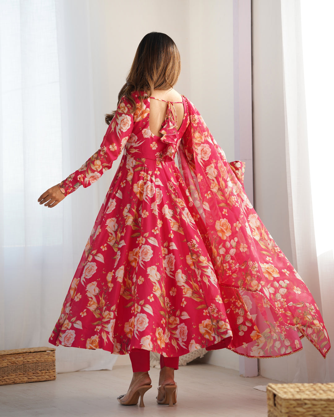 PURE SOFT ORGANJA SILK FABRIC FULLY FLAIR KALI PATTERN AND CANVAS PATTA WITH DUPATTA SET, PENT READY TO WEAR