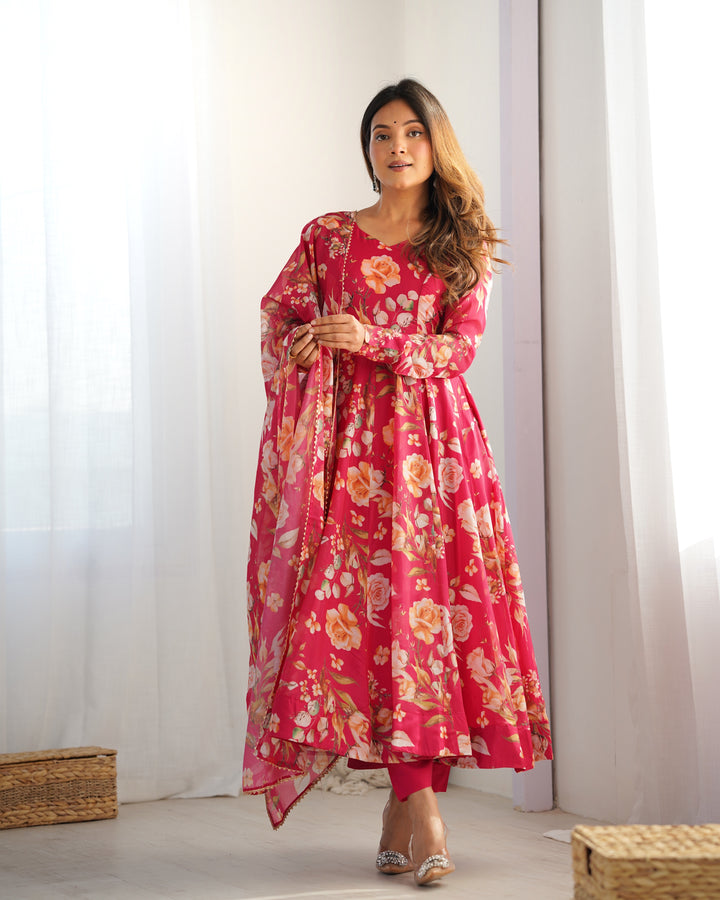 PURE SOFT ORGANJA SILK FABRIC FULLY FLAIR KALI PATTERN AND CANVAS PATTA WITH DUPATTA SET, PENT READY TO WEAR