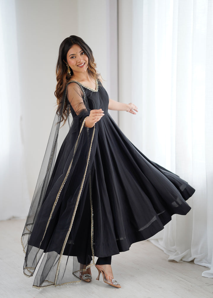 PURE ROMANSILK CHANDERI FABRIC FULLY FLAIR ANARKALI,WITH DUPPTA SET,PENT READY TO WEAR