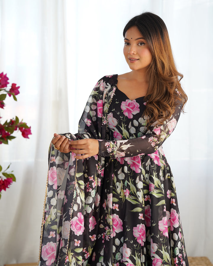 PURE SOFT ORGANJA SILK FABRIC FULLY FLAIR KALI PATTERN AND CANVAS PATTA WITH DUPATTA SET, PENT READY TO WEAR