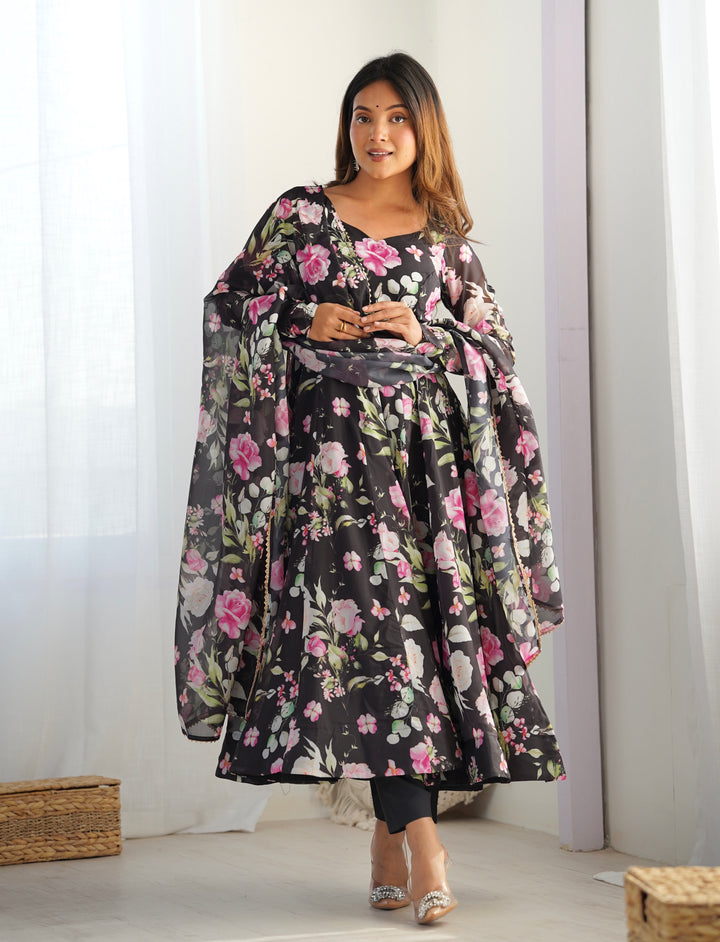 PURE SOFT ORGANJA SILK FABRIC FULLY FLAIR KALI PATTERN AND CANVAS PATTA WITH DUPATTA SET, PENT READY TO WEAR
