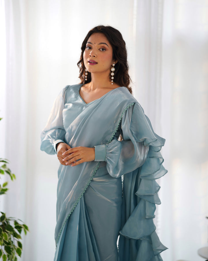 Premium Jimmy Choo Organza Ready-to-Wear Pre-Draped Saree with Ruffles & Fully Stitched Blouse