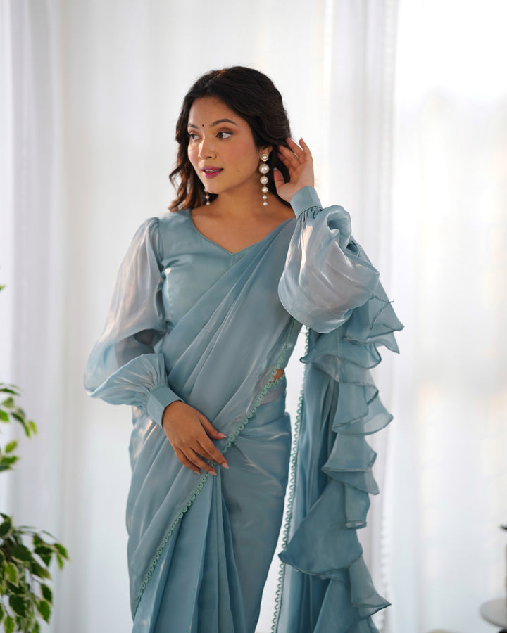 Premium Jimmy Choo Organza Ready-to-Wear Pre-Draped Saree with Ruffles & Fully Stitched Blouse