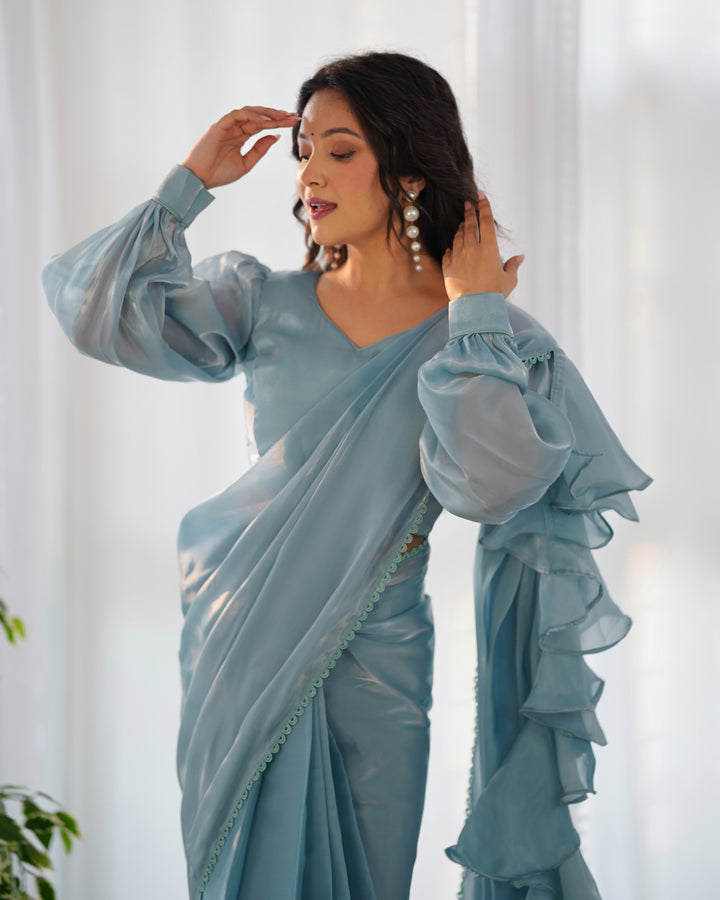 Premium Jimmy Choo Organza Ready-to-Wear Pre-Draped Saree with Ruffles & Fully Stitched Blouse