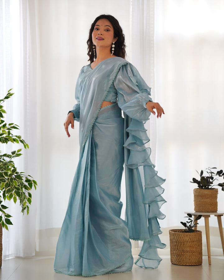 Premium Jimmy Choo Organza Ready-to-Wear Pre-Draped Saree with Ruffles & Fully Stitched Blouse