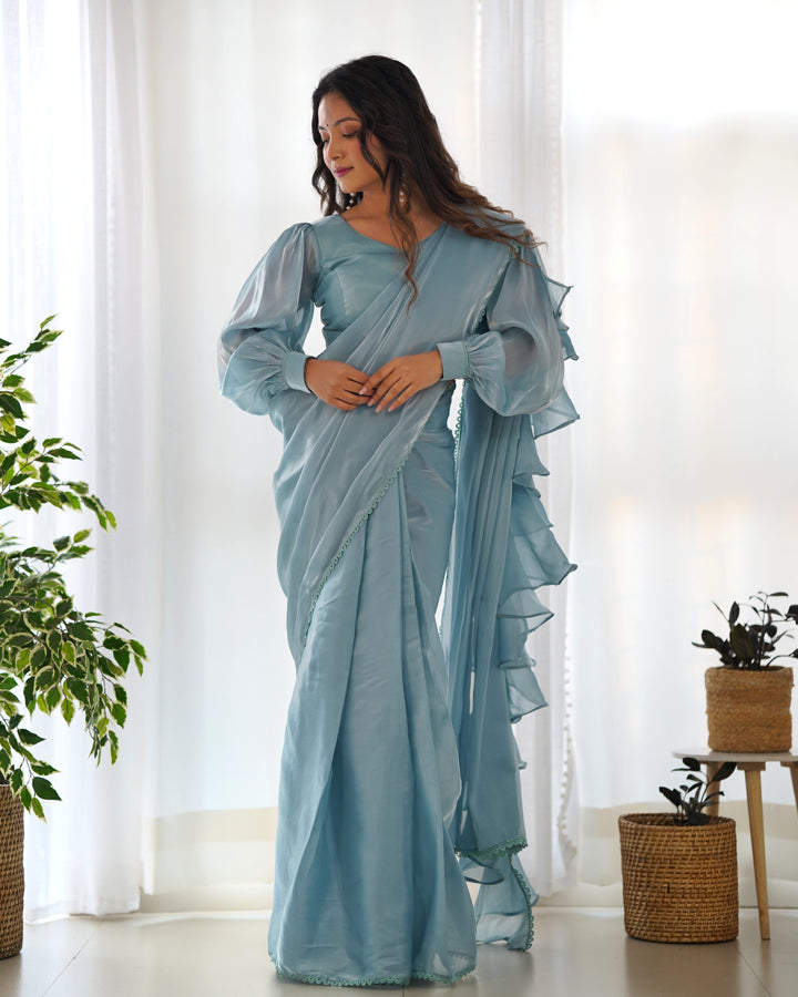Premium Jimmy Choo Organza Ready-to-Wear Pre-Draped Saree with Ruffles & Fully Stitched Blouse