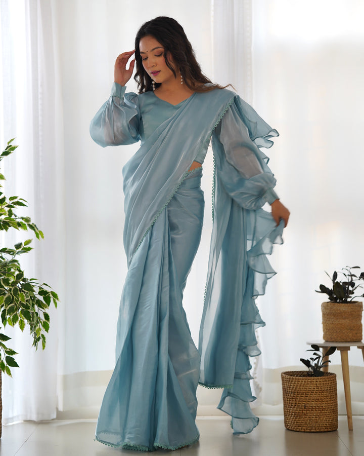 Premium Jimmy Choo Organza Ready-to-Wear Pre-Draped Saree with Ruffles & Fully Stitched Blouse