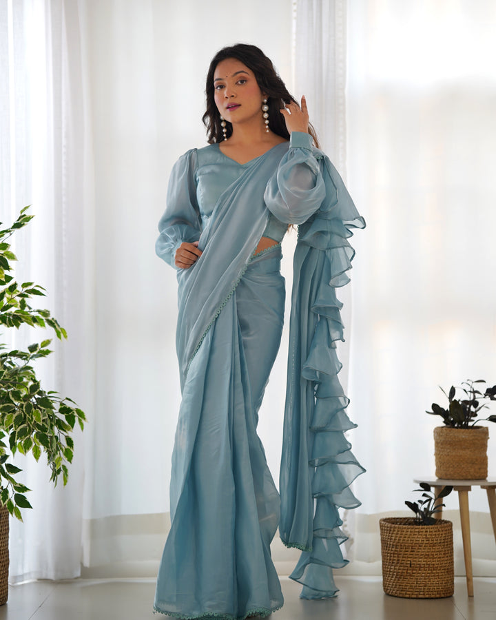 Premium Jimmy Choo Organza Ready-to-Wear Pre-Draped Saree with Ruffles & Fully Stitched Blouse