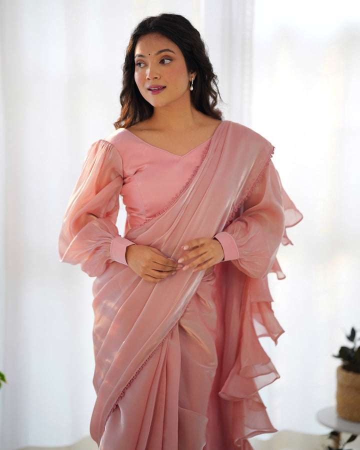 Premium Jimmy Choo Organza Ready-to-Wear Pre-Draped Saree with Ruffles & Fully Stitched Blouse