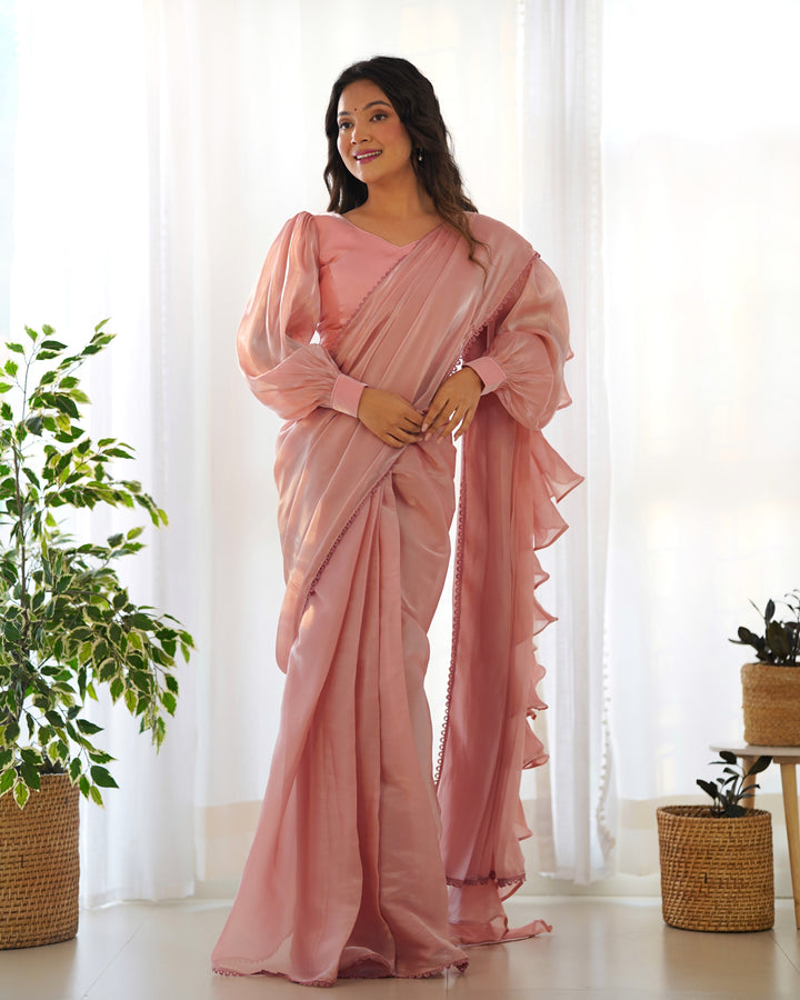 Premium Jimmy Choo Organza Ready-to-Wear Pre-Draped Saree with Ruffles & Fully Stitched Blouse