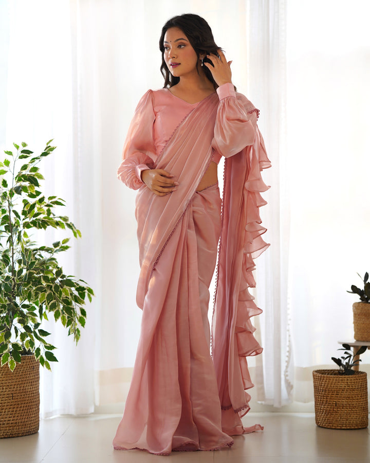 Premium Jimmy Choo Organza Ready-to-Wear Pre-Draped Saree with Ruffles & Fully Stitched Blouse