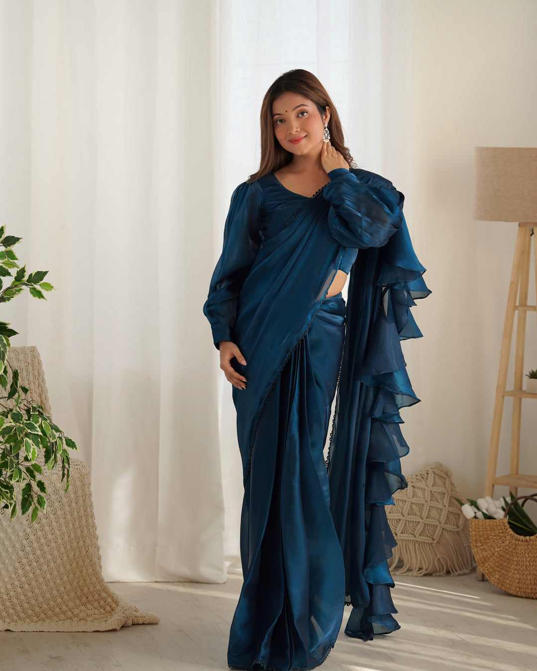 Premium Jimmy Choo Organza Ready-to-Wear Pre-Draped Saree with Ruffles & Fully Stitched Blouse