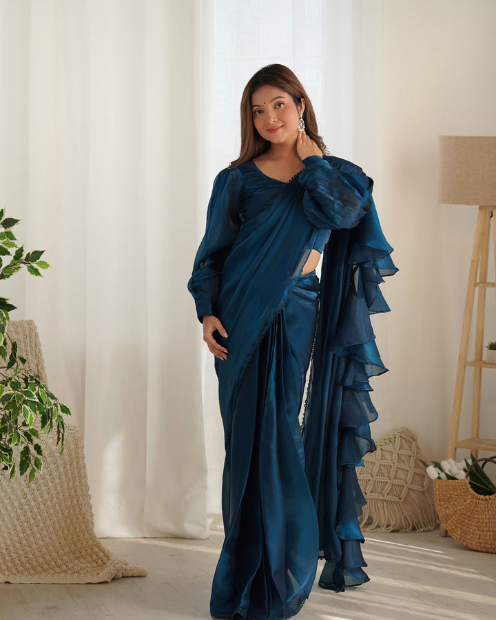 Premium Jimmy Choo Organza Ready-to-Wear Pre-Draped Saree with Ruffles & Fully Stitched Blouse