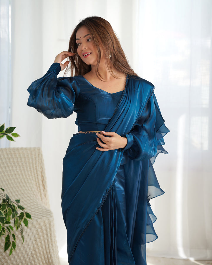 Premium Jimmy Choo Organza Ready-to-Wear Pre-Draped Saree with Ruffles & Fully Stitched Blouse