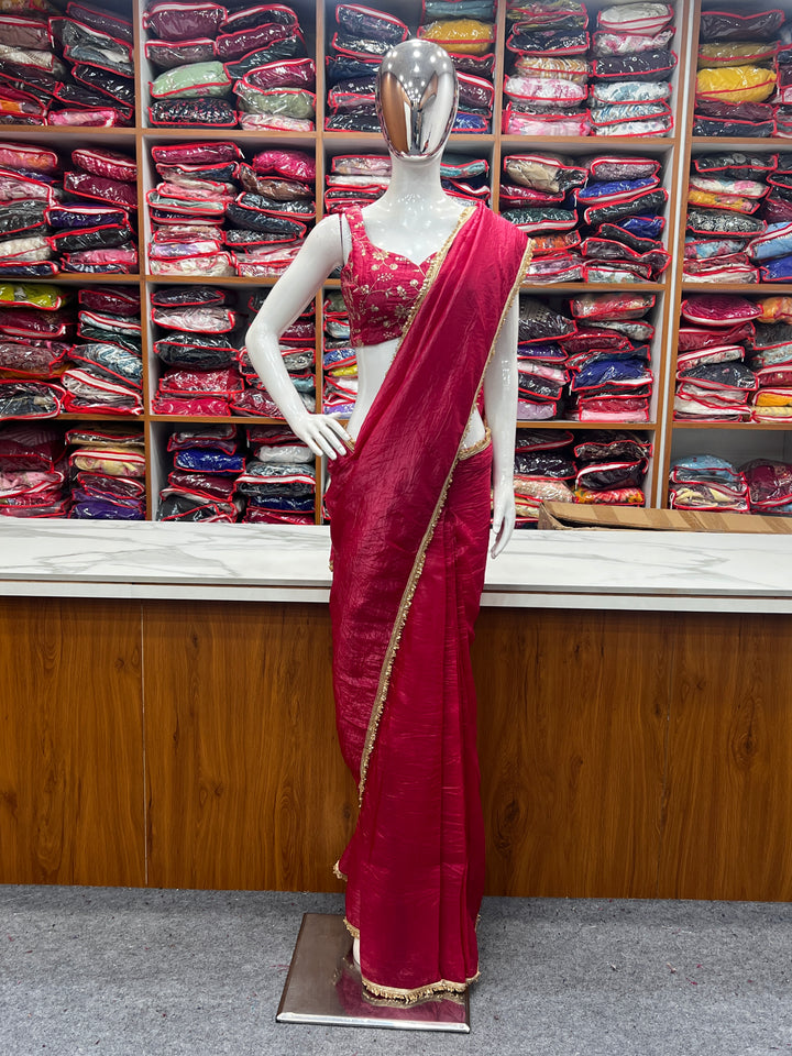 Premium Gold Crush Tissue Silk Ready-to-Wear Pre-Draped Saree with Fully Stitched Blouse