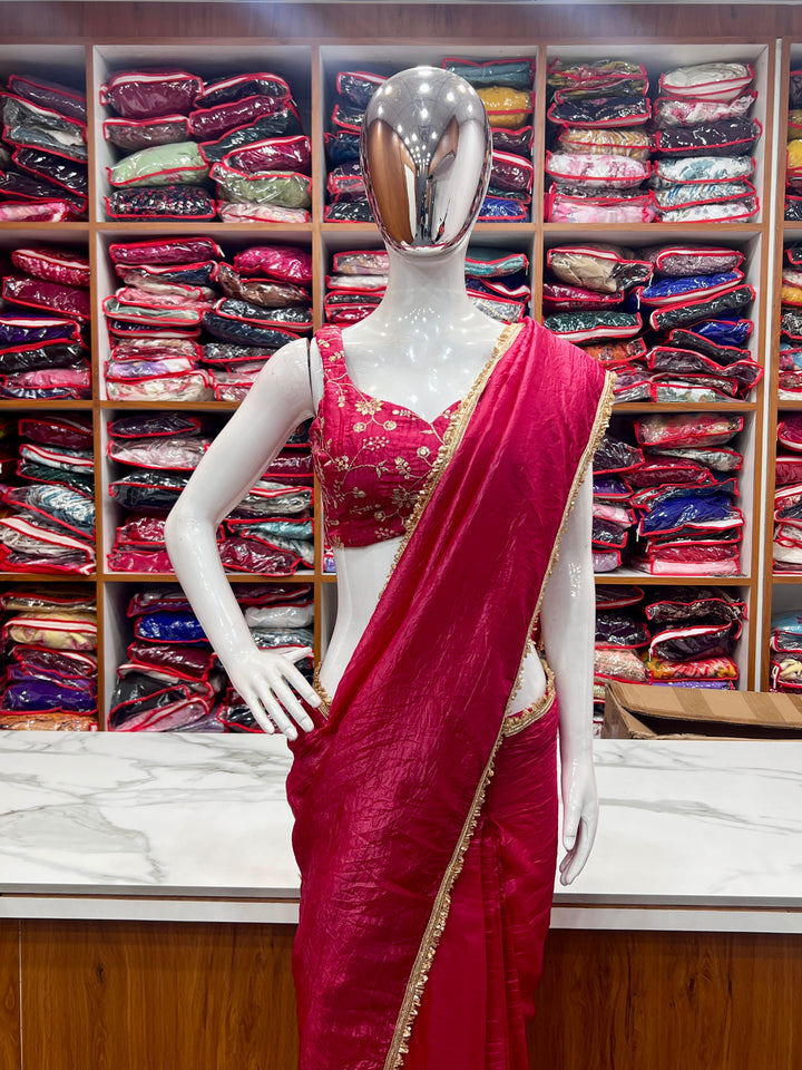 Premium Gold Crush Tissue Silk Ready-to-Wear Pre-Draped Saree with Fully Stitched Blouse