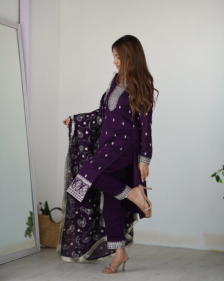 PURE BLLOOMING VICHITRA SILK FABRIC STRAIGHT FIT KURTA WITH DUPATTA SET, TROUSERS, READY TO WEAR