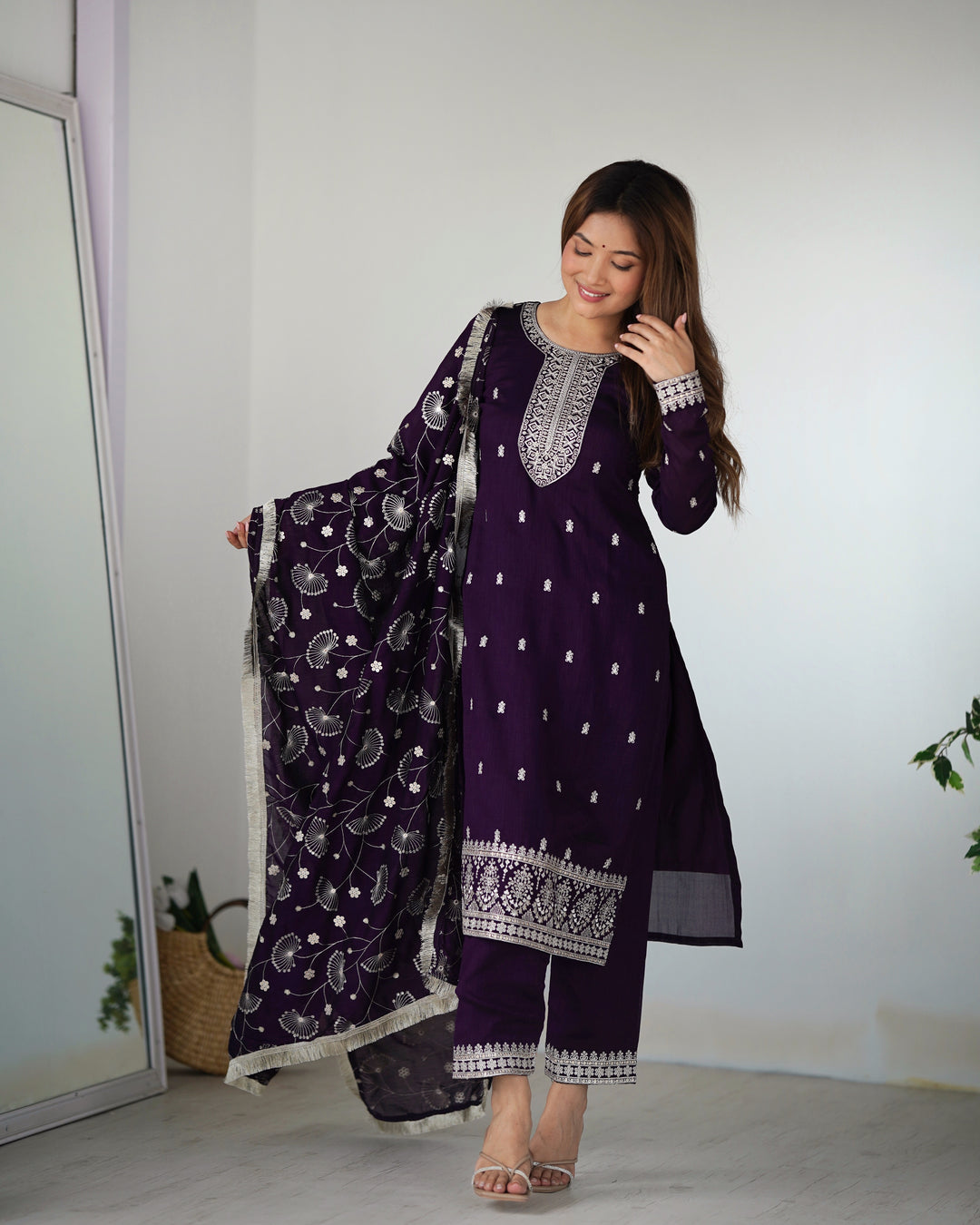 PURE BLLOOMING VICHITRA SILK FABRIC STRAIGHT FIT KURTA WITH DUPATTA SET, TROUSERS, READY TO WEAR