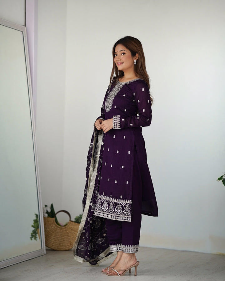 PURE BLLOOMING VICHITRA SILK FABRIC STRAIGHT FIT KURTA WITH DUPATTA SET, TROUSERS, READY TO WEAR