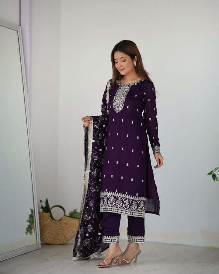 PURE BLLOOMING VICHITRA SILK FABRIC STRAIGHT FIT KURTA WITH DUPATTA SET, TROUSERS, READY TO WEAR