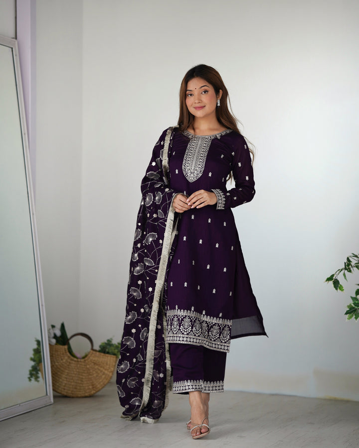 PURE BLLOOMING VICHITRA SILK FABRIC STRAIGHT FIT KURTA WITH DUPATTA SET, TROUSERS, READY TO WEAR