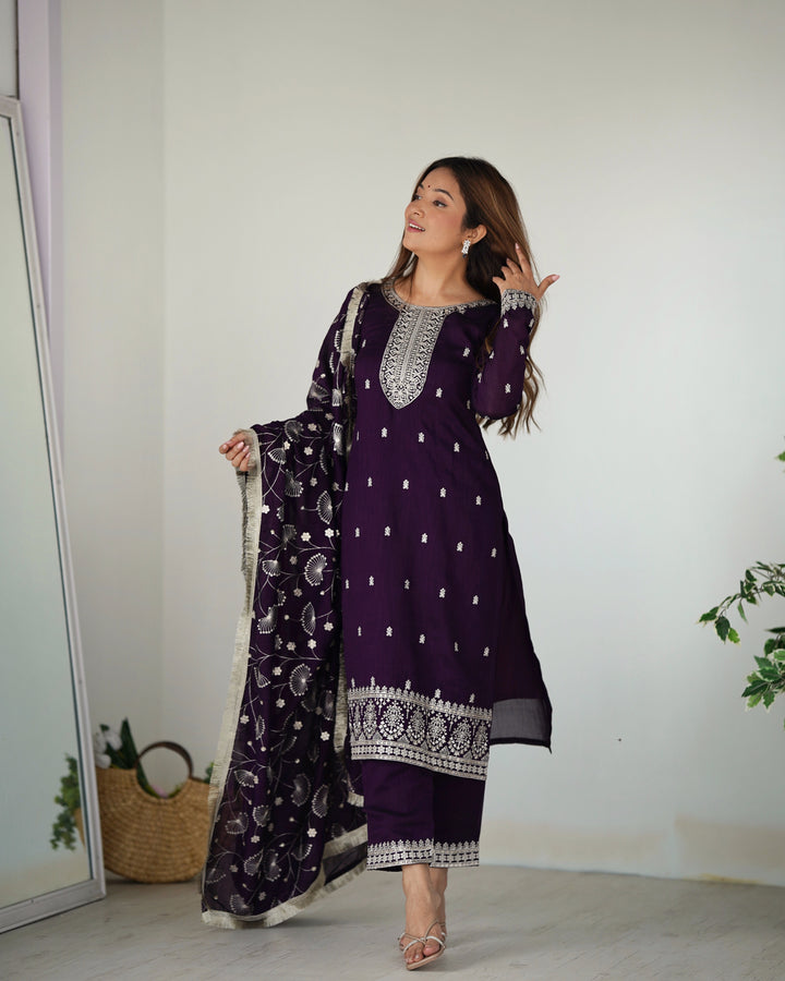 PURE BLLOOMING VICHITRA SILK FABRIC STRAIGHT FIT KURTA WITH DUPATTA SET, TROUSERS, READY TO WEAR