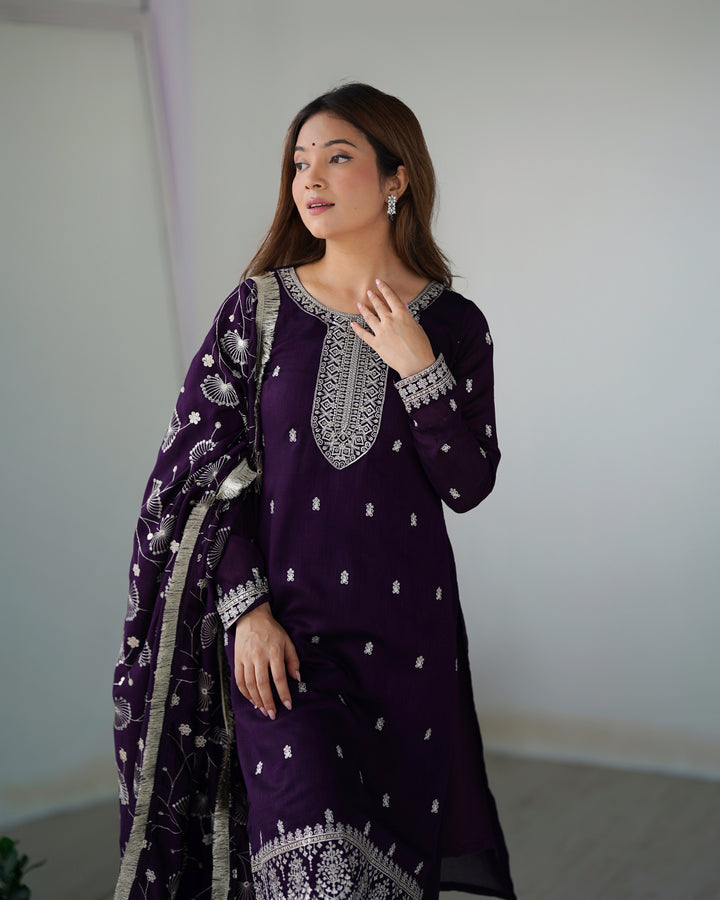 PURE BLLOOMING VICHITRA SILK FABRIC STRAIGHT FIT KURTA WITH DUPATTA SET, TROUSERS, READY TO WEAR