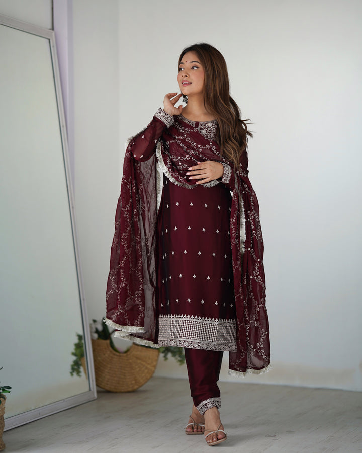 Festival-Ready Pure Blooming Rangoli Silk Kurta Set with Dupatta & Trousers