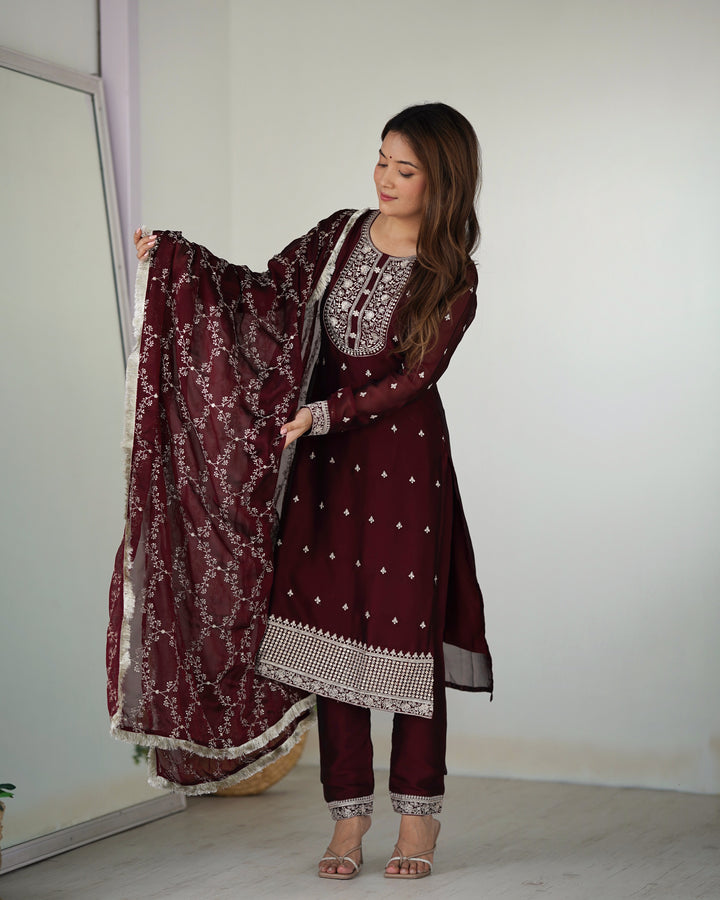 Festival-Ready Pure Blooming Rangoli Silk Kurta Set with Dupatta & Trousers