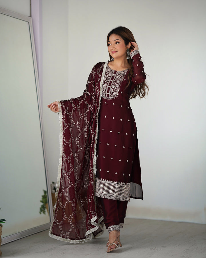 Festival-Ready Pure Blooming Rangoli Silk Kurta Set with Dupatta & Trousers