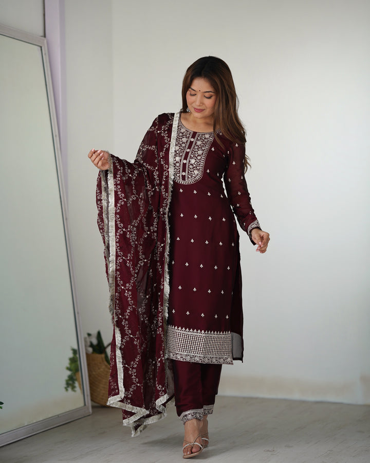 Festival-Ready Pure Blooming Rangoli Silk Kurta Set with Dupatta & Trousers