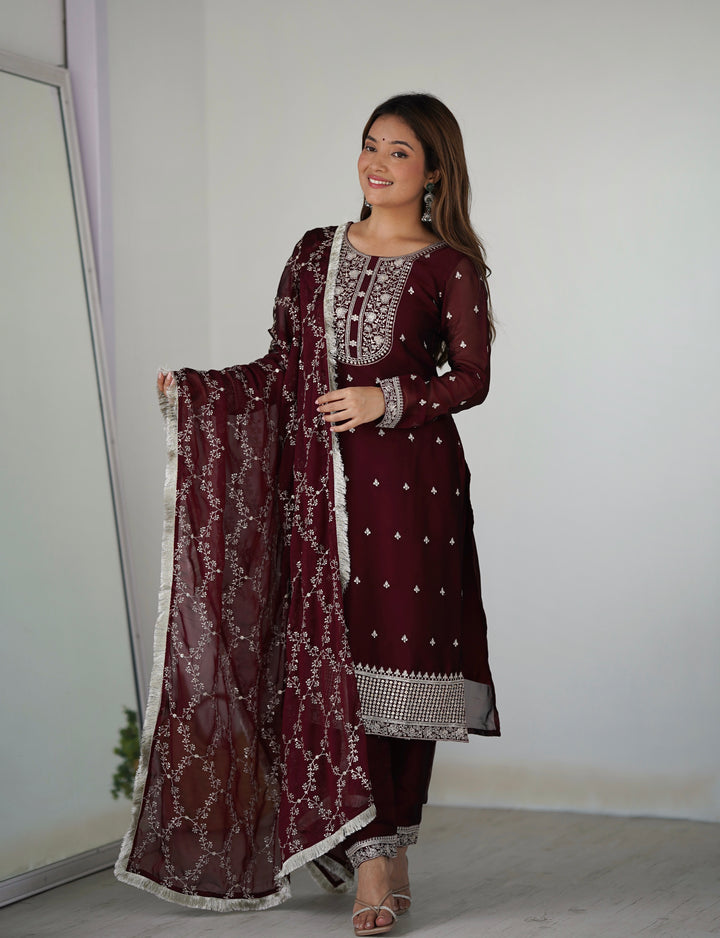 PURE BLOOMING RANGOLI SILK FABRIC STRAIGHT FIT KURTA WITH DUPATPTA SET, TROUSERS, READY TO WEAR
