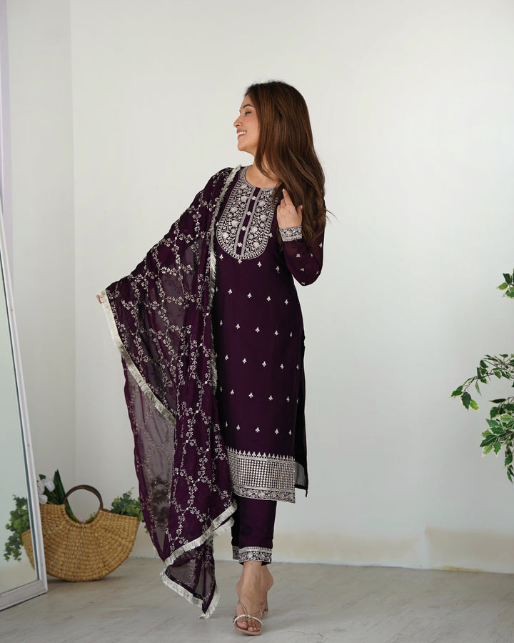 PURE BLOOMING RANGOLI SILK FABRIC STRAIGHT FIT KURTA WITH DUPATPTA SET, TROUSERS, READY TO WEAR