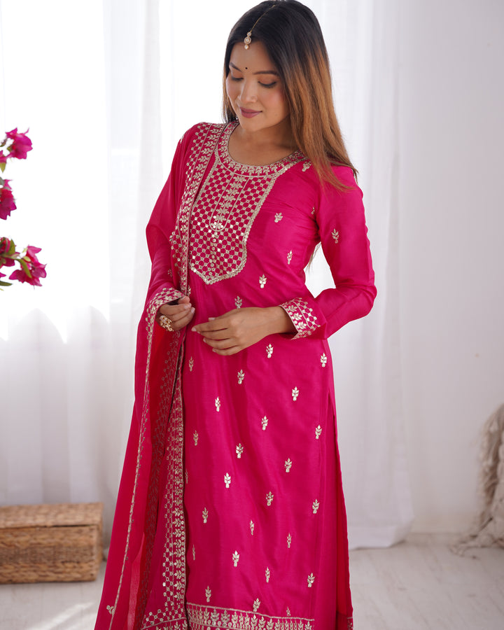PURE CHINON SILK FABRIC STRAIGHT FIT KURTA WITH DUPATTA SET, TROUSERS, READY TO WEAR