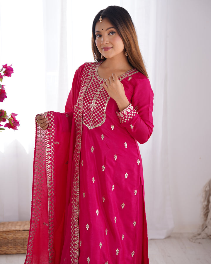 PURE CHINON SILK FABRIC STRAIGHT FIT KURTA WITH DUPATTA SET, TROUSERS, READY TO WEAR