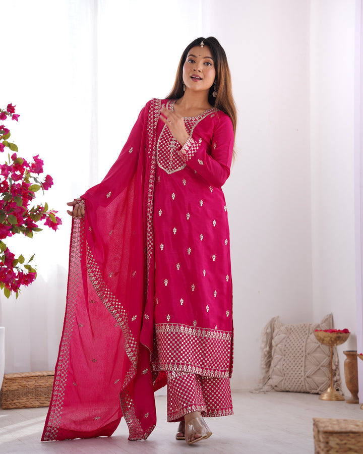 PURE CHINON SILK FABRIC STRAIGHT FIT KURTA WITH DUPATTA SET, TROUSERS, READY TO WEAR