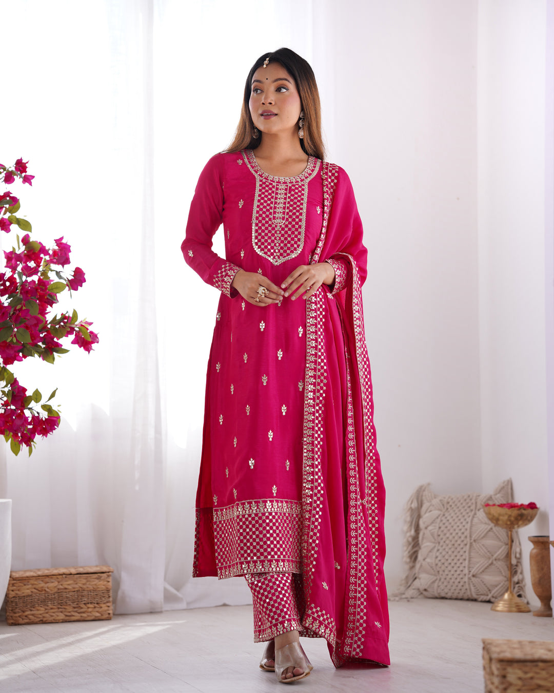 PURE CHINON SILK FABRIC STRAIGHT FIT KURTA WITH DUPATTA SET, TROUSERS, READY TO WEAR