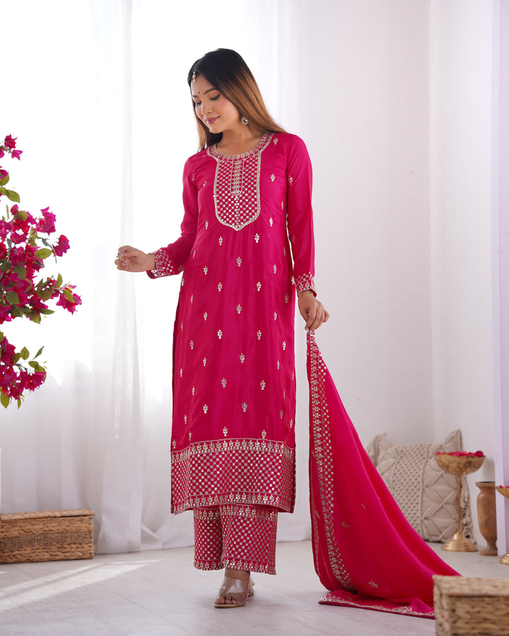 PURE CHINON SILK FABRIC STRAIGHT FIT KURTA WITH DUPATTA SET, TROUSERS, READY TO WEAR